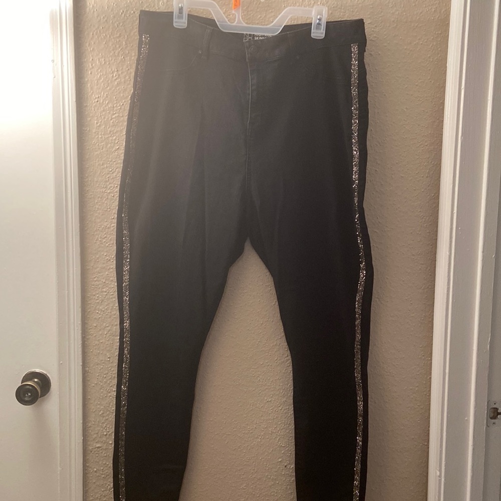 Fairly worn, No Boundaries black jeans with sequin stripes, Size 20